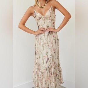 Storia Tulip FishTail Midi Dress Cream Floral Ruffle Holiday Party Festive Sz S